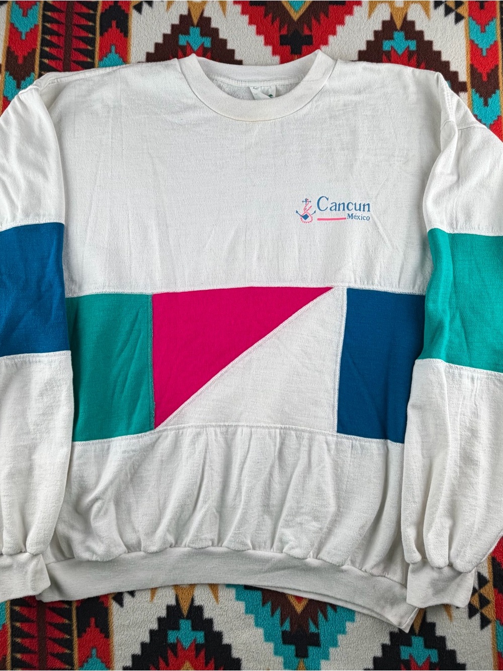 Vintage Cancun Mexico Color Block Sweatshirt Large 90s